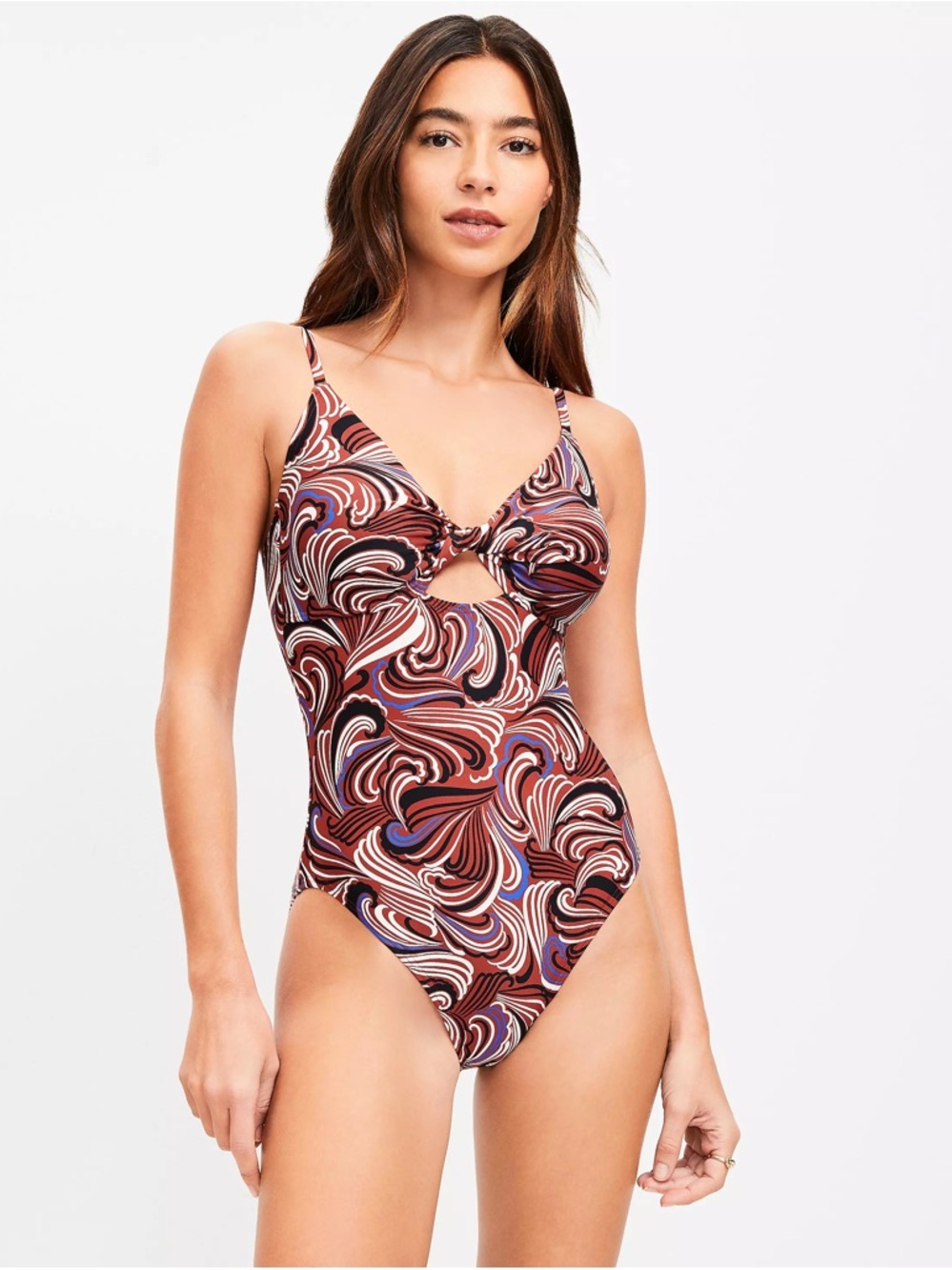 Loft One Piece Swimsuit Brown Retro Print Ruched Front Medium